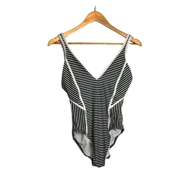 Tommy Hilfiger Striped One Piece Swimsuit Olive White Size 10 - Picture 1 of 9